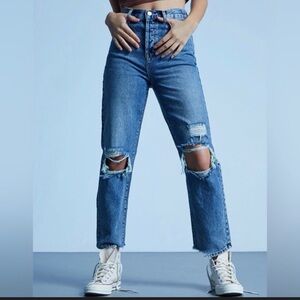 Pacsun Eco Medium Blue Distressed High Waisted Straight Leg Jeans Size 27